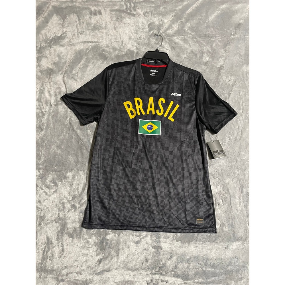 Mitre Brasil Soccer Jersey Mens Small Black Diamond Pattern Brazil Flag MMT12002